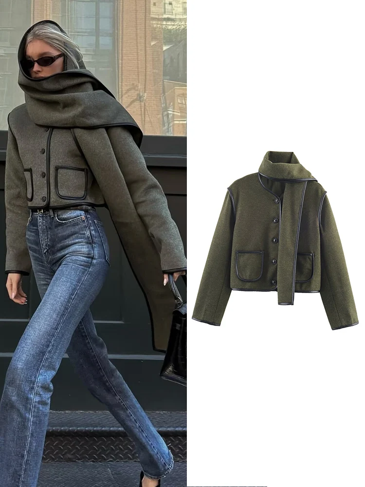 

TFMLN Elegant Women Woolen Short Coat With Scarf Chic Contrast Piping Full Sleeves Jacket Autumn Fashion Lady Pocket Outwear