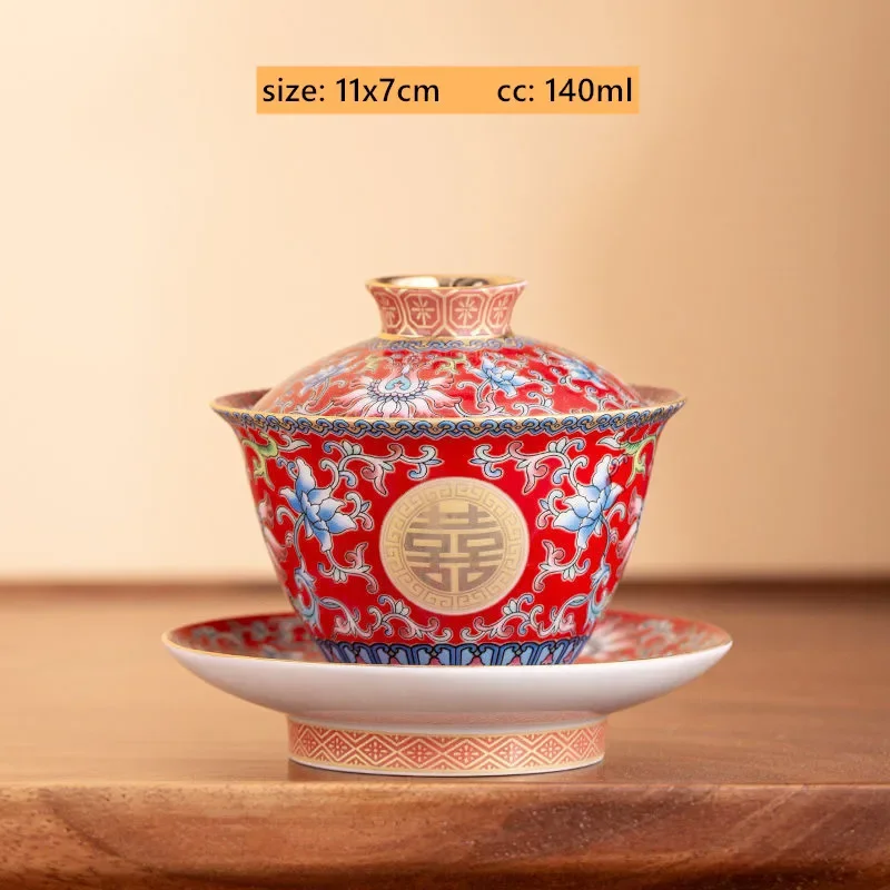 Chinese Wedding Tea Set Enamel Color Ceramic Gaiwan Handmade Beauty Teacup Custom Teaware Gift Exquisite Portable Tea Bowl image 3