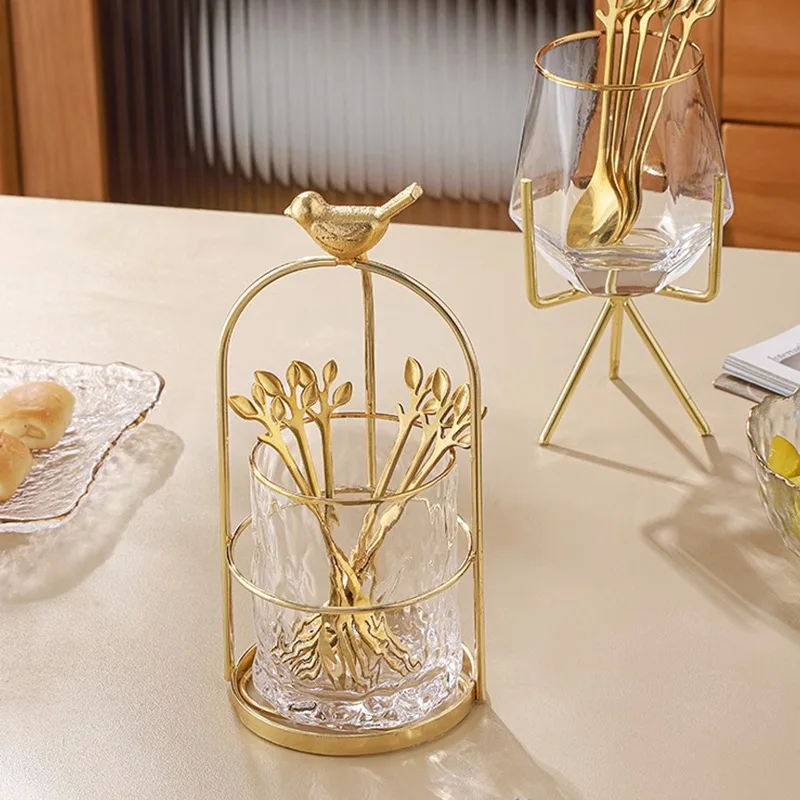 Luxury Gold Gold Stainless Steel Fruit Fork Shelf Dessert Cake Fork Home Spoon Storage Can Cartoon Metal Bird Crafts Home Decor