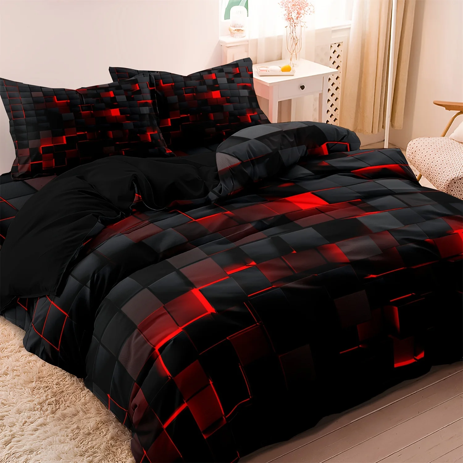 

Modern Duvet Cover Set 1*Duvet Cover+1/2*Pillowcases Fashion Red Grid 3D Print Bedding Set Soft Comfortable Duvet Cover