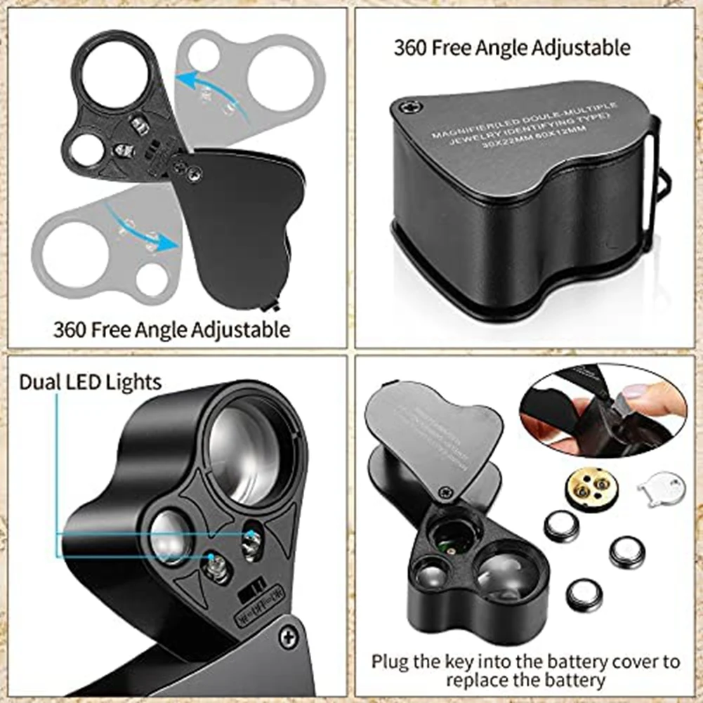 THIVN-2Pcs Loupe Magnifier,30X 60X Illuminated Loupe Magnifier With LED Light Magnifying Glass Eye And 30X Loupe Magnifier