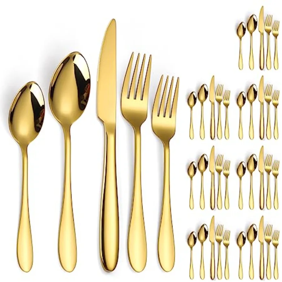 

Gold Silverware Set for 8 Stainless Steel Flatware 40 Pieces Forks Knives and Spoons Heavy Utensils Thick Handle for Restaurant