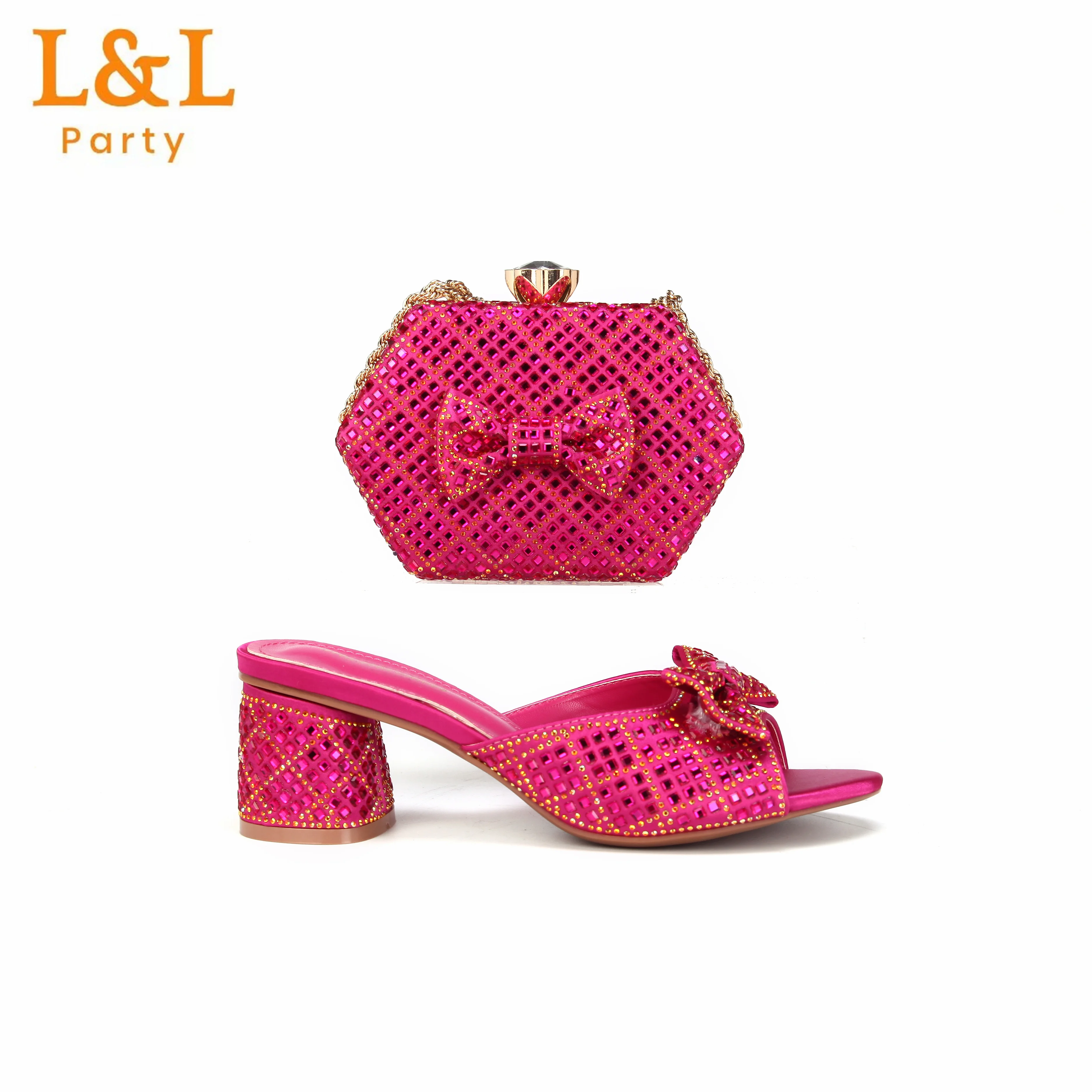 

Модные высококачественные новинки 2025, хит продаж, тапочки с открытым носком и сумкой цвета фуксии для женщин, свадебная вечеринка, 66-3