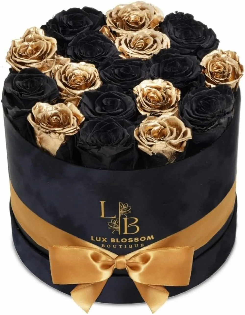 

Black & Gold Real Forever Roses in Velvet Box - Luxury Preserved Flowers, Sparkling Bouquet, Eternal Rose Gifts for Girlfriend