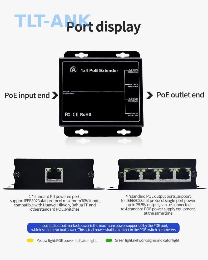 High Quality 1 to 4 Port 30W Standard 10/100M PoE Extender 100meter Transmission for IP Camera Network Equipment