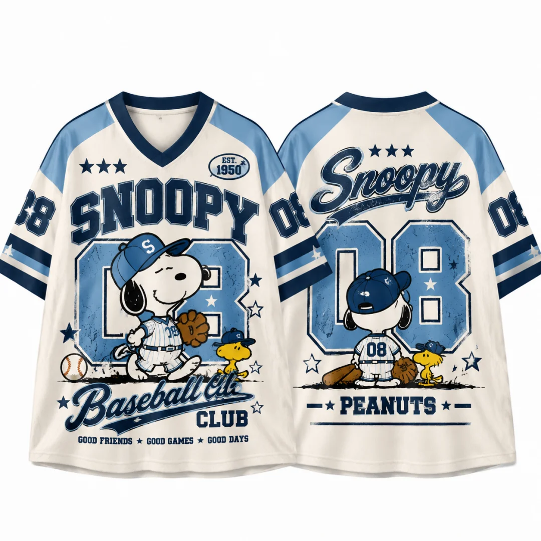 Snoopy Baseball Club #08 Vintage Jersey T-shirt Kids & Adults Retro V Neck Short Sleeve Y2K Streetwear Cartoon Oversized Top