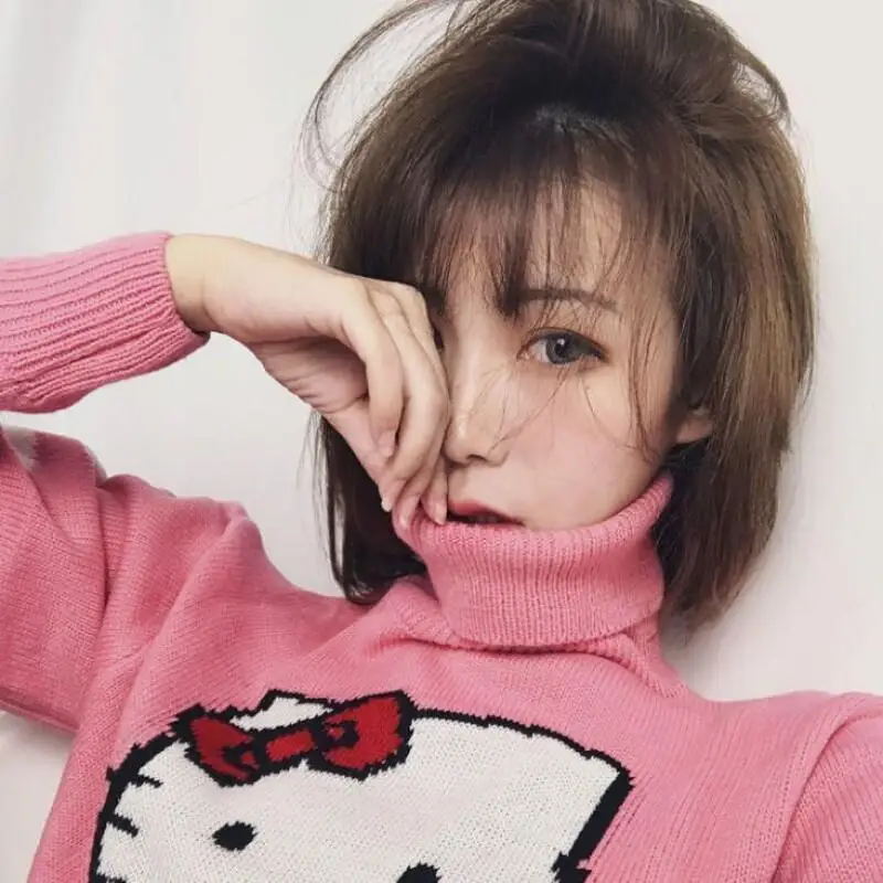 

Sanrio Hello Kitty women's Sweater Knit Women's Autumn Turtleneck Pink Loose Fit Korean Style Letter Print Short Base Layer