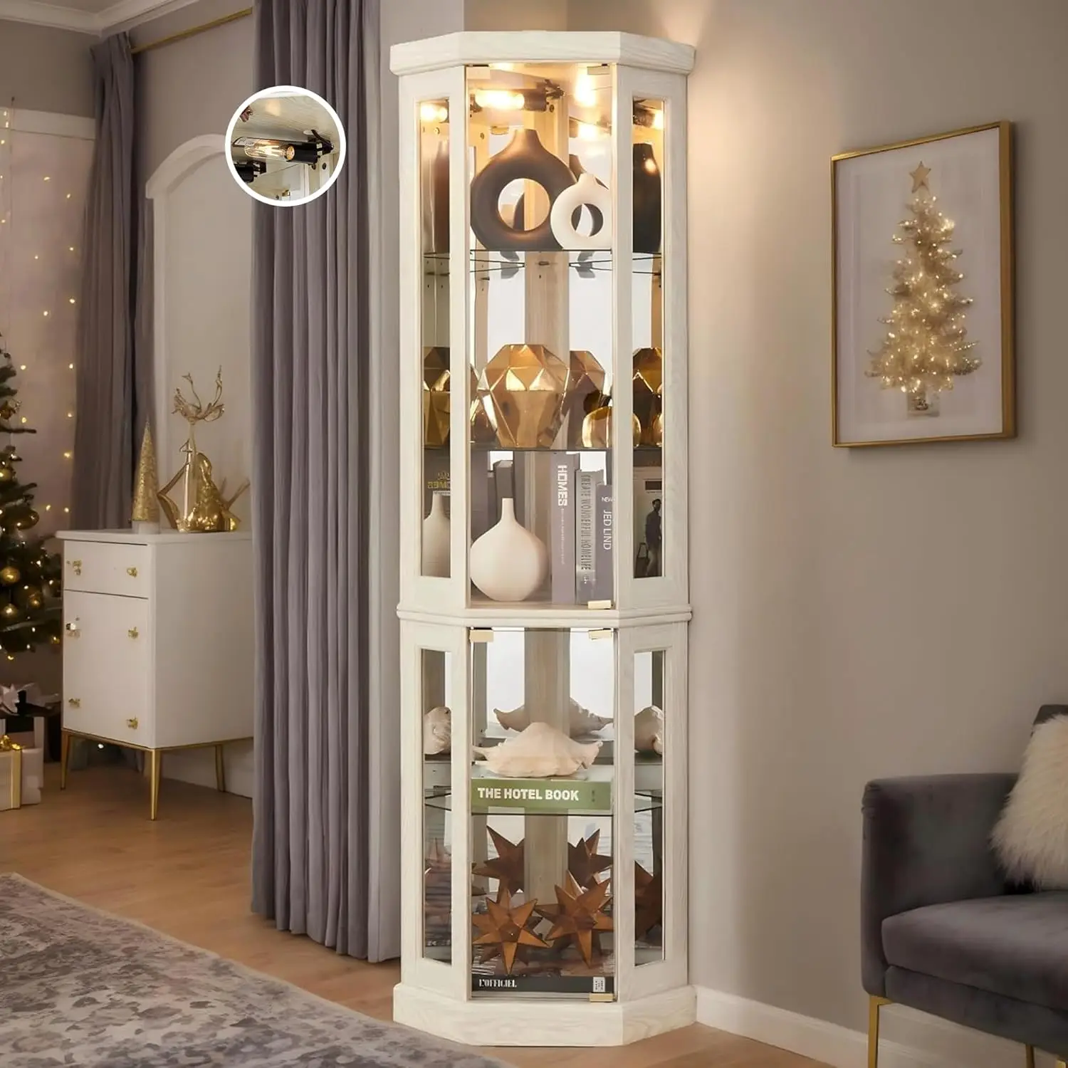 70" Lighted Corner Curio Cabinet, Curved Wood China Display Case with Tempered Glass Doors & Adjustable Shelves,, Customized