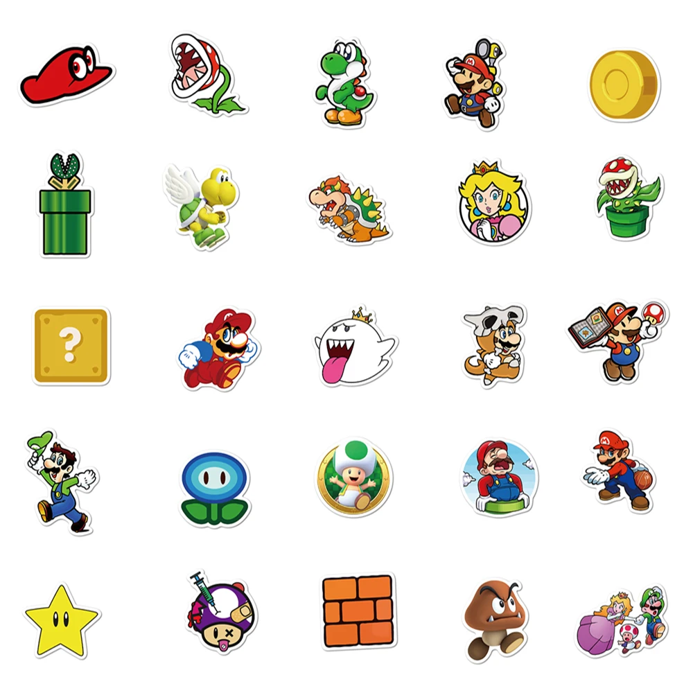 50pcs Anime Cartoon Stickers Super Mario Bros Skateboard Bicycle Guitar Book Laptop Motorcycle Waterproof Kids Sticker Pack Toy