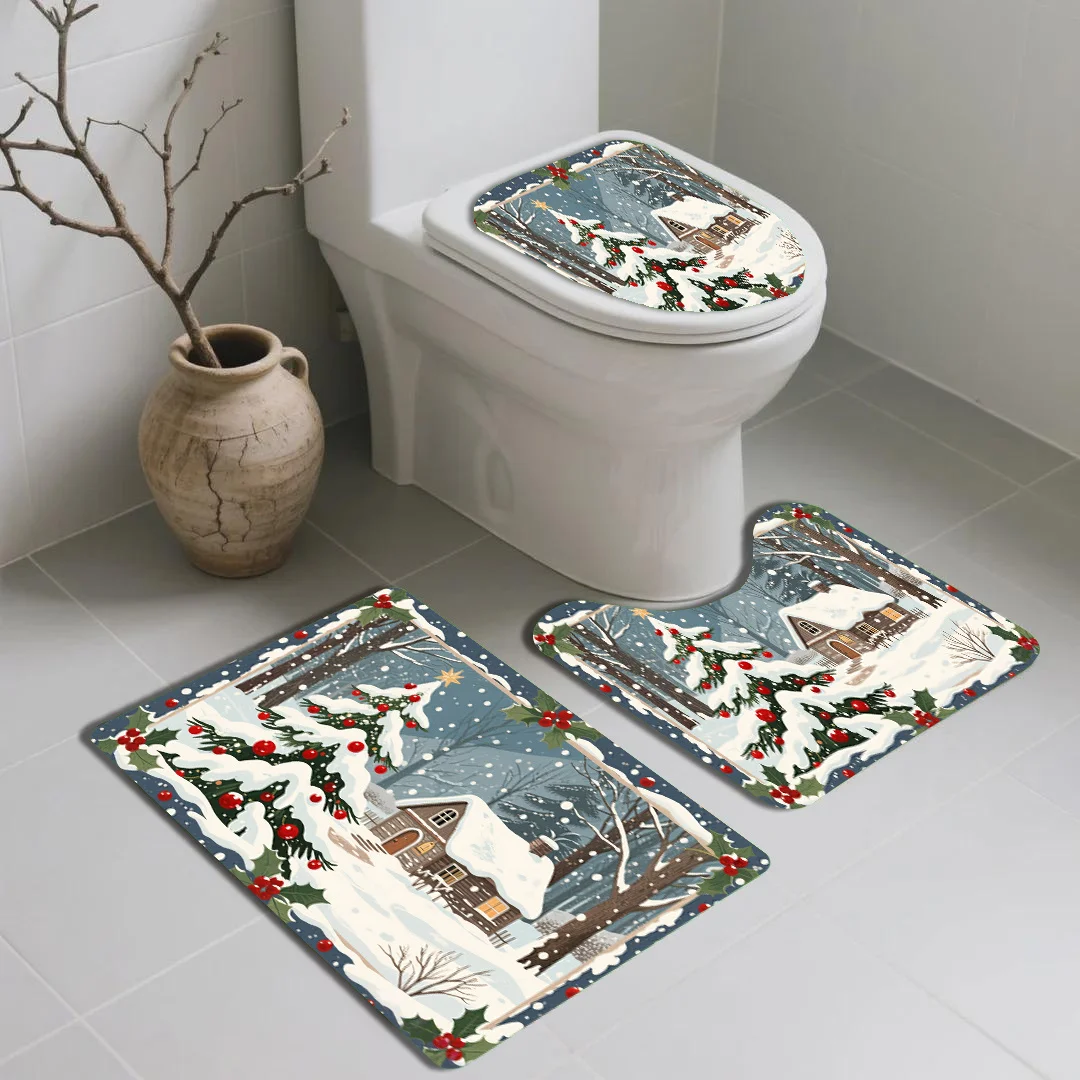3‑Pieces Christmas Snow Branch Red‑Berry Cabin & Tree Bathroom Mat Set, Decor Rug Kit With Toilet Lid Cover & U‑Shaped Mat