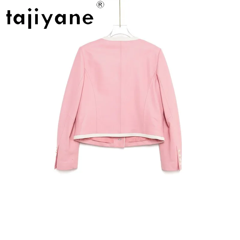 TAJIYANE Genuine Leather Jacket Woman Pink Round Neck Coat Sheepskin Jackets for Woman Clothing Outerwear Preppy Style Jaqueta