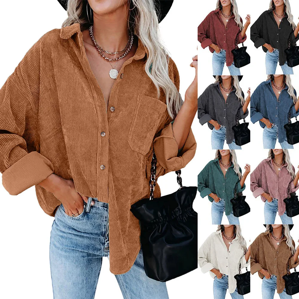 Autumn And Winter Women\'s Shirt Single Breasted Oversized Loose Solid Color Casual Warm Corduroy Shirt For Women