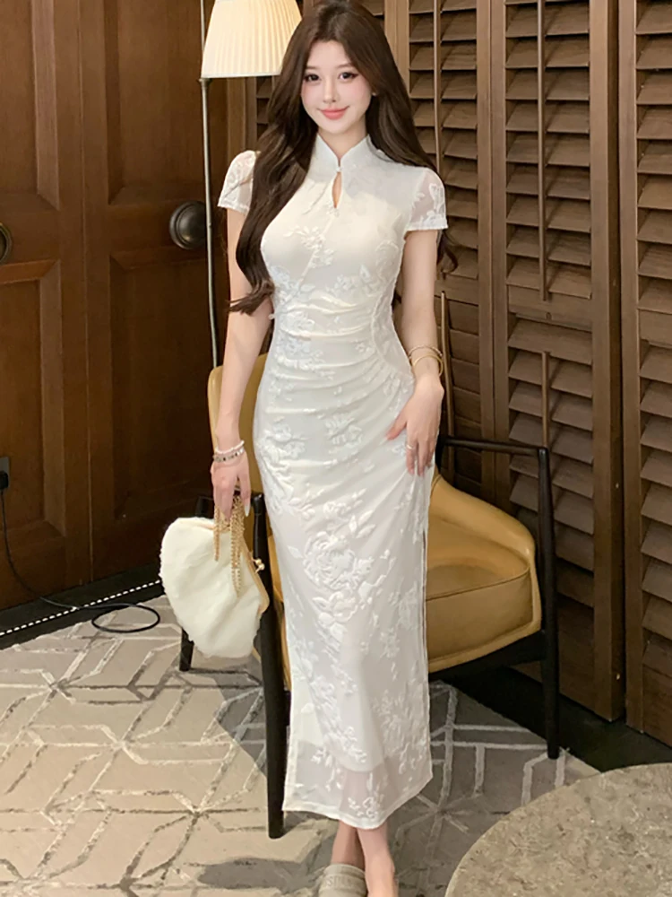 2025 nieuwe witte jacquard stand kraag lange jurk vrouwen elegante luxe party vestidos zomer koreaanse bodycon festival avondjurk