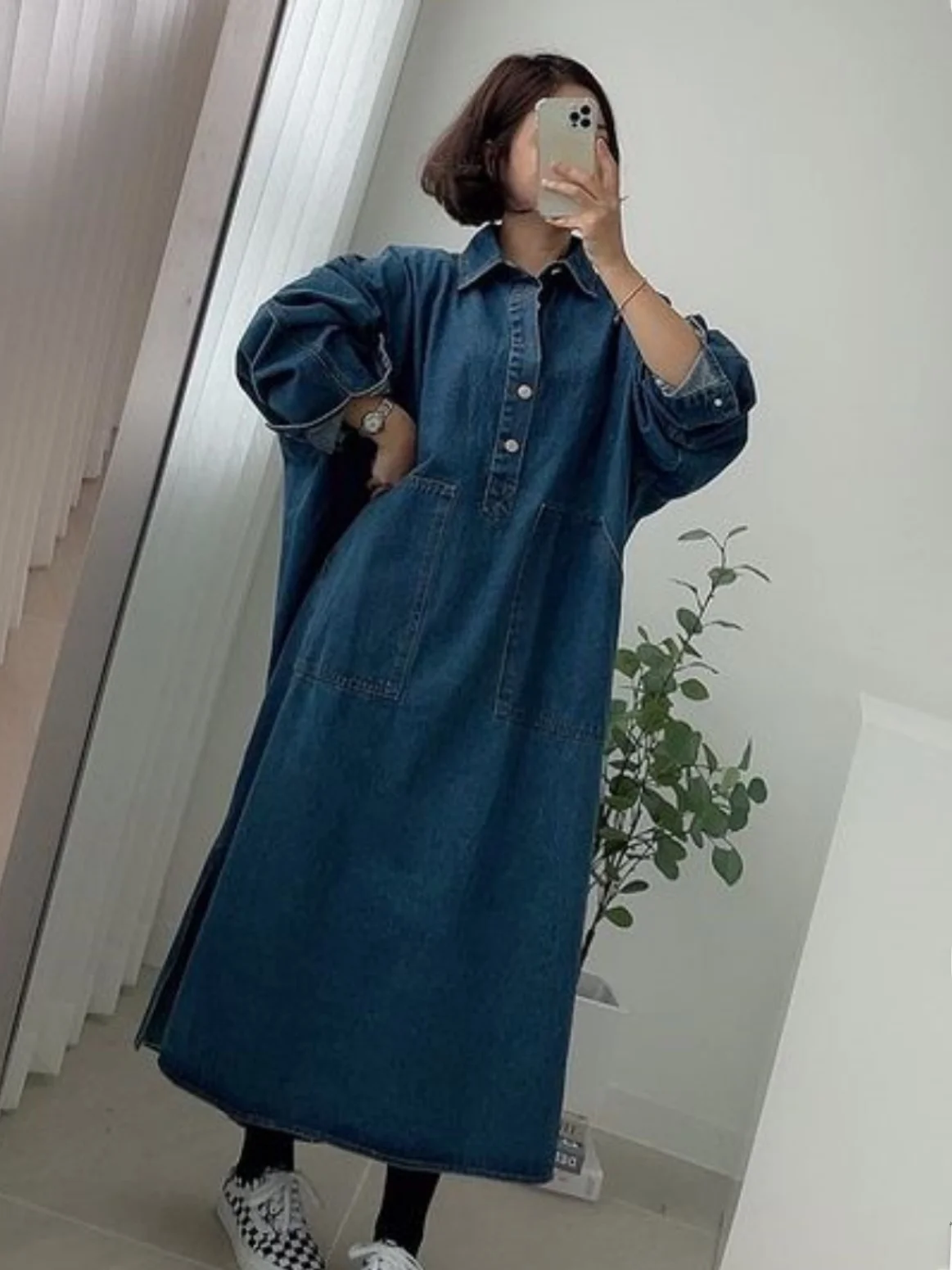 Retro Loose Fit Denim Skirt Dress Women's  Collar Long Sleeve Fashionable Lazy Style Age Reduction Side Slit Workwear Dress