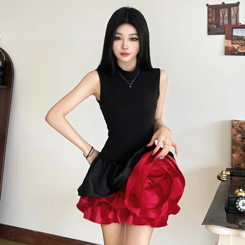 French Retro 3D Rose Birthday Dress Women\'s Sweet Round Neck Sleeveless Slim Waist Short Mini Dress Spicy Girl Floral Bud Dress