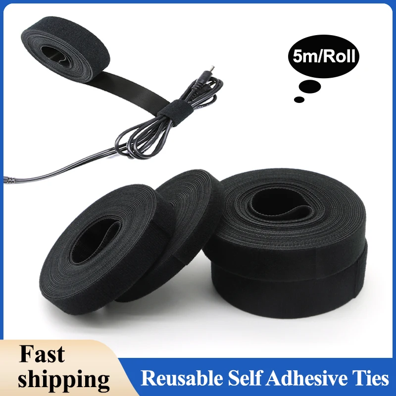 5m/Roll Black Reusable Self Adhesive Cable Ties Loop Bundle Nylon Strap Organizer Clip Wire Holder Management Fastening Tape DIY