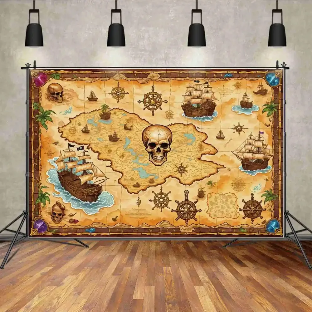 World Map Pirate Ship Backdrops Boys Birthday Decoration Banner Skull Wheel Treasure Baby Photography Background Shooting Props