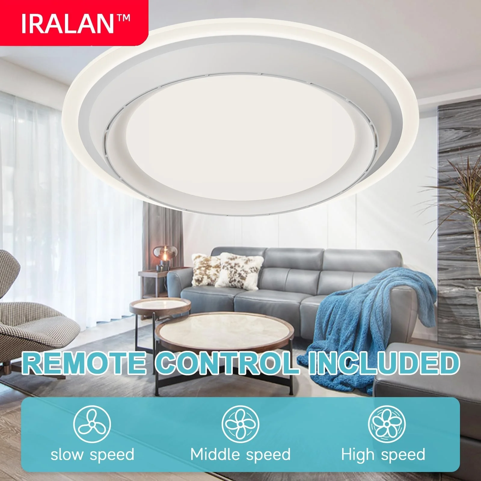 Ventilatori da soffitto senza lama IRALAN per camera da letto Ventilatore da soffitto moderno rotondo senza palette con luci dimmerabili a LED con telecomando