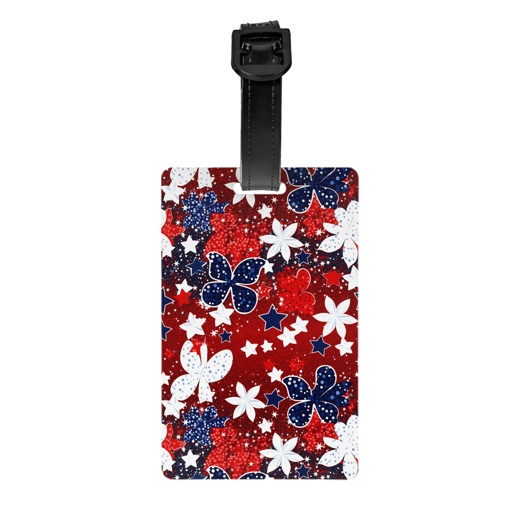 4th of July Patriotic Red White Blue Floral Star Pattern Luggage Tag Custom  Baggage Tags Privacy Cover ID Label