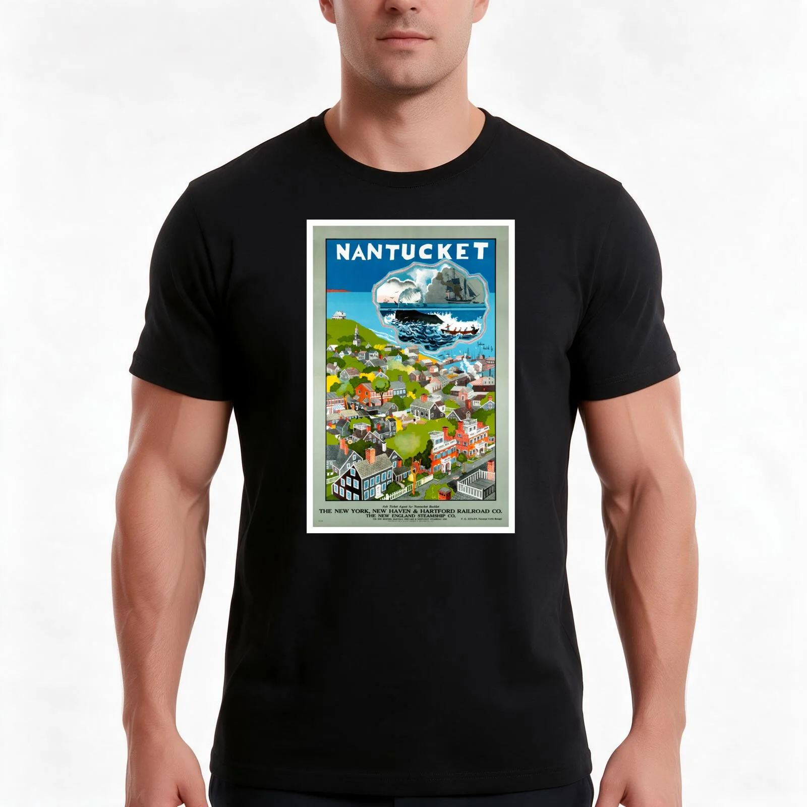 Nantucket USA Vintage Travel Poster Restored T-Shirt, Summer Casual Cotton Tee, Oversized Streetwear Tops, Vintage Graphic Print