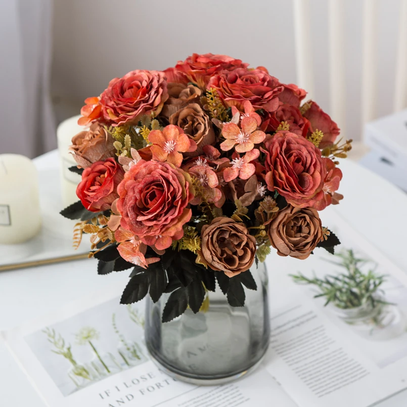 Künstliche Blumen, Seidenrosen, Brautsträuße, Heimdekoration, Herbst, Hochzeit, Accessoires, Ausverkauf, Garten, gefälschte Pfingstrose, Hortensienpflanzen