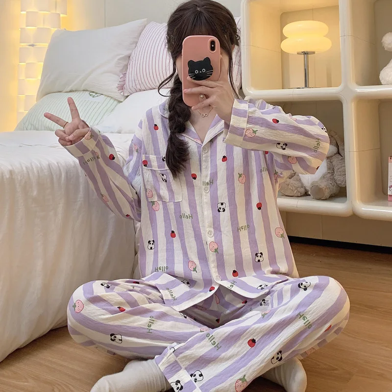 

Fall and Winter Pajama Set Woman Long Sleeves Purple Striped Cartoon Panda Print Loungewear 2 Piece Set Sleepwear Homewear