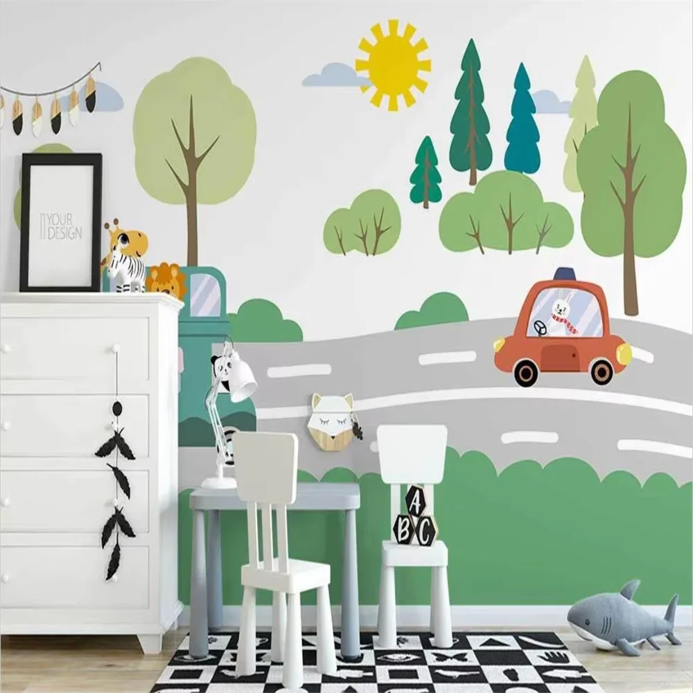 

beibehang Custom Cartoon small animal road car photo mural wallpaper for children's room decoration background Art wall paper