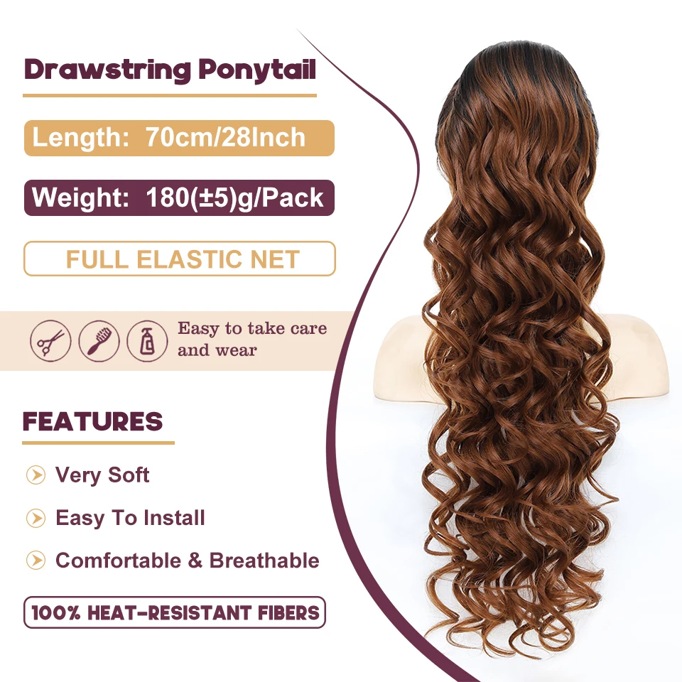 Black Curly Ponytail Extension Synthetic Drawstring Ponytail for Women 28Inch Long Curly Wavy Clip in Hairpiece for Daily Party