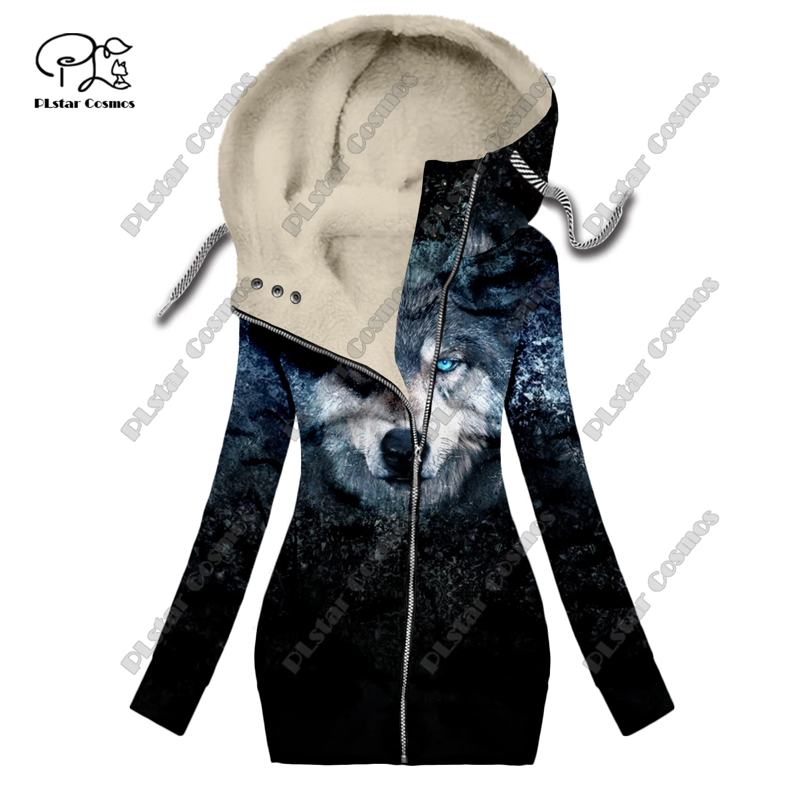 New 3D printing retro series floral and animal patterns plus velvet and warm women's long zipper sweatshirt casual winter L-15