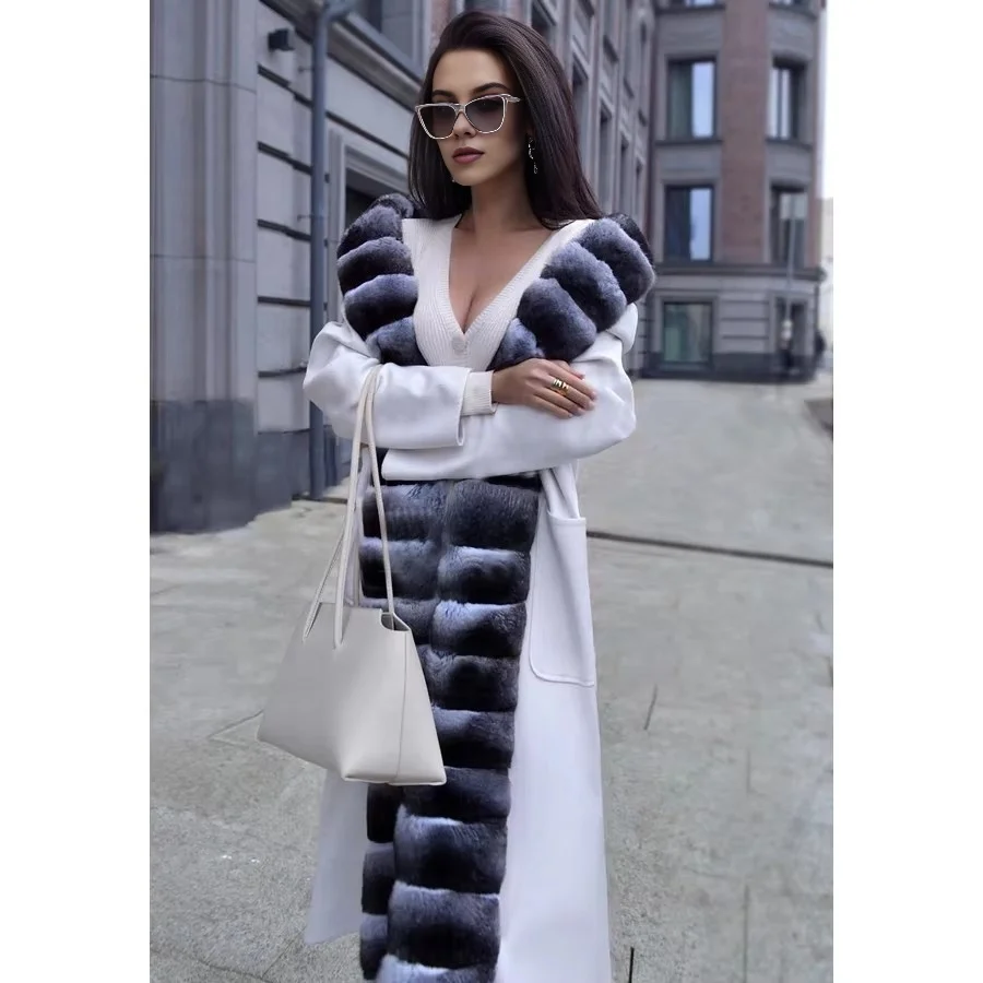 女性用ホワイトウールコート,ウサギの毛皮の襟付き,カシミアジャケット,高品質,冬,2024