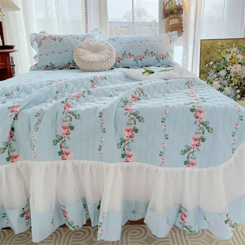 French Romantic Bed Cover Cotton Printed Floral Bedspread 270x250cm Lace Ruffles Queen Double Quilted Thick Sheet 2 Pillowcases