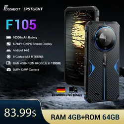 FOSSiBOT 러그 폰, F105, 6.745 인치 HD, 10300mAh, 옥타코어, 4GB, 64GB 스마트폰, 안드로이드 14, 20 MP 페이스 ID 휴대폰, 월드 프리미어