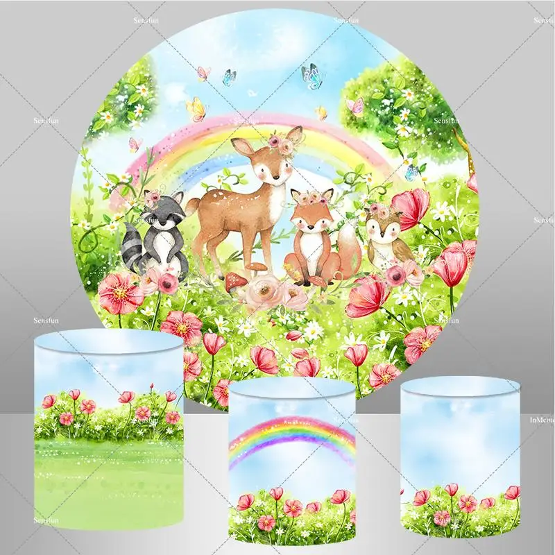 Animals Woodland Party Circle Background Fox Deer Baby Shower Cylinder Cover Rainbow Spring Flowers Gardens Round Backdrop Cover