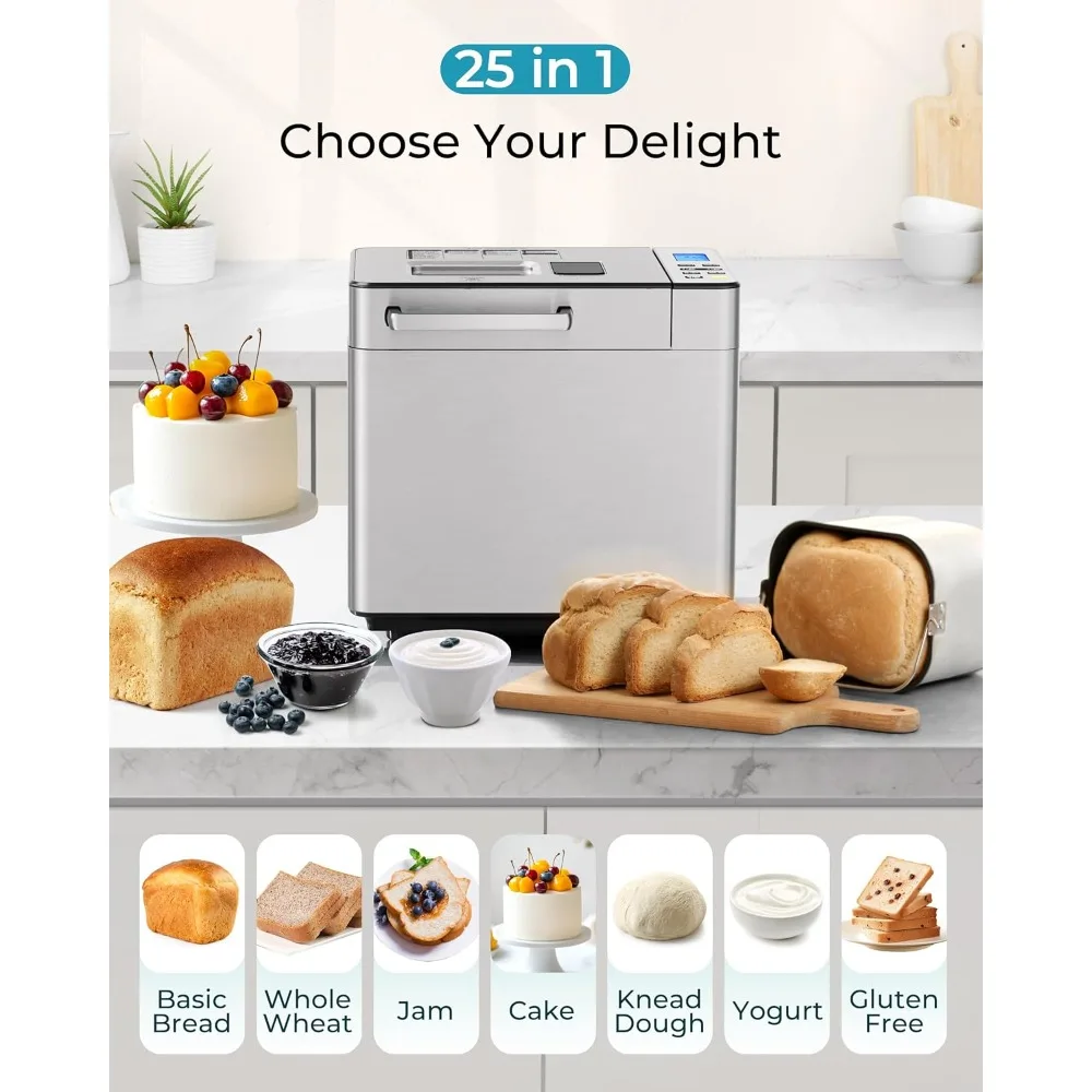 25-in-1 Bread Maker Machine 2LB Bread Machines with Nut Dispenser and Yeast Dispenser, 3 Loaf Sizes 3 Crust Colors