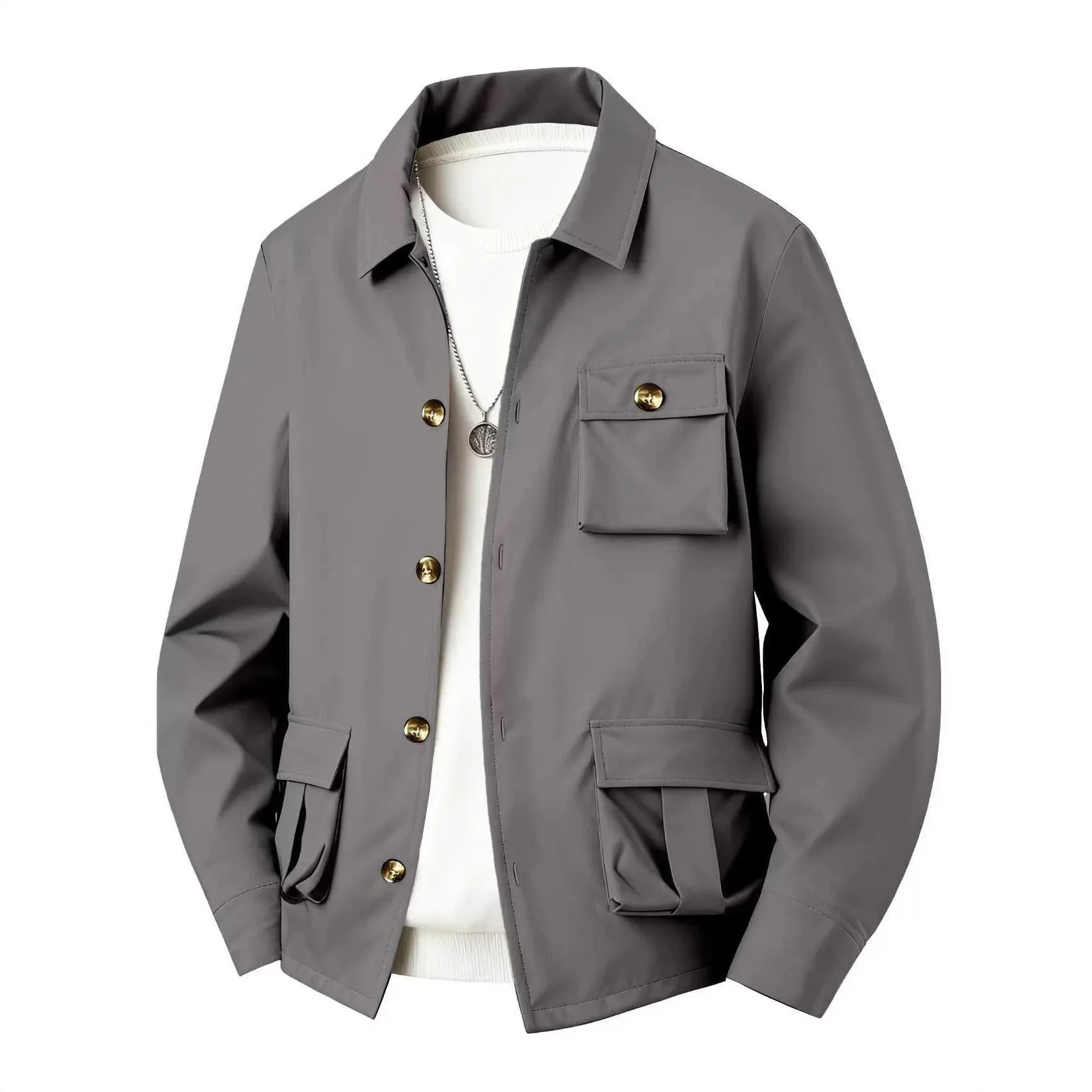 LIBIELIY Spring Autumn Men's Solid Color Multi-Pocket Utility Jacket Simple Style Long Sleeve Casual Multi-Functional Waterproof