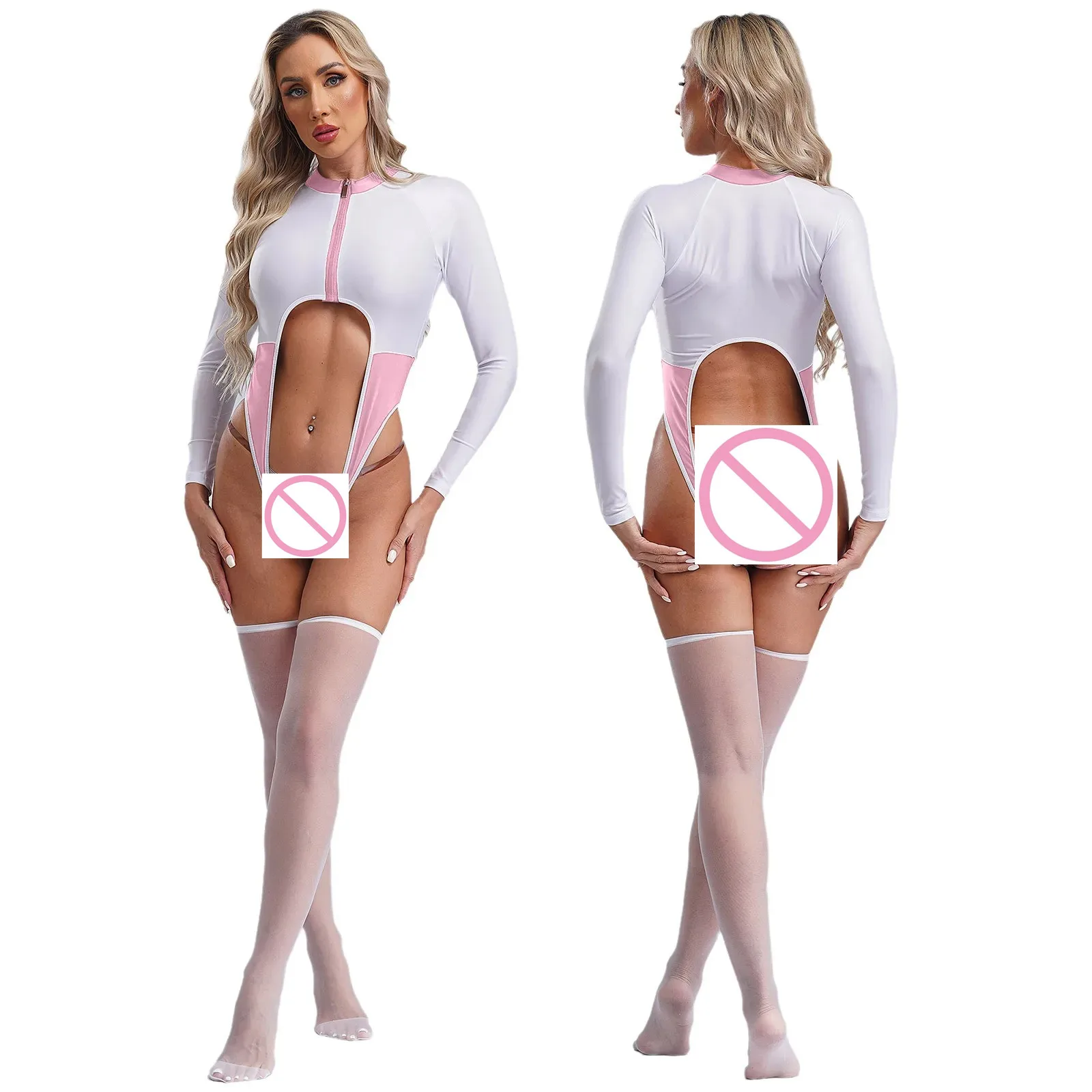 Ensemble de lingerie sexy pour femme, costume de batterie et bas, fermeture éclair, manches longues, entrejambe ouvert, abonnés, justaucorps chic, vêtements d'amoureux de nuit