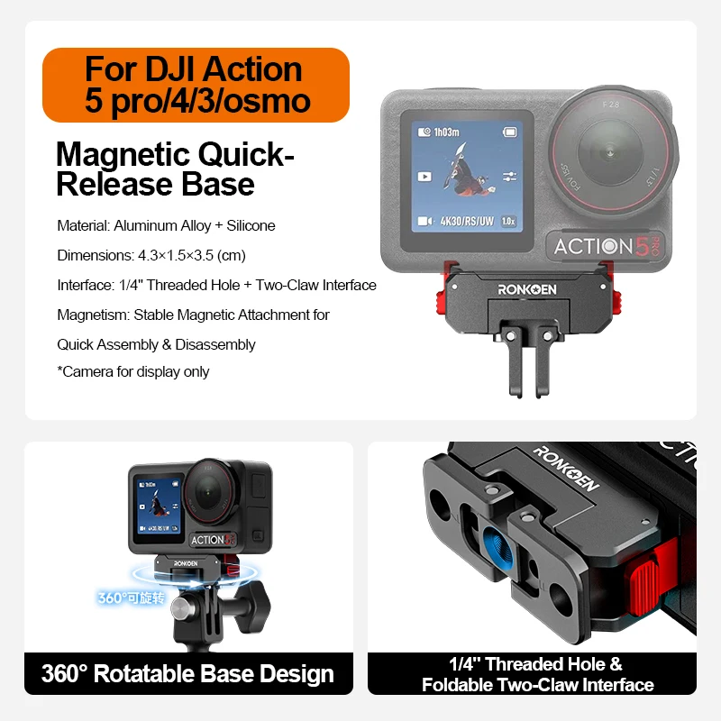 Ronkoen Magnetische Quick Release Adapter Base Voor DJI Osmo Action 3/4/5 Pro Opvouwbare Quick-release Twee klauw Mount Adapter