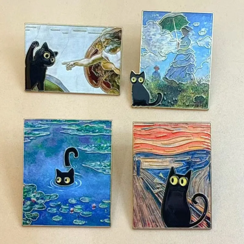 4pcs Starry Night Cats Enamel Pins Custom Van Gogh Oil Painting Brooches Lapel Badges Fun Animal Art Jewelry Gift for Friends