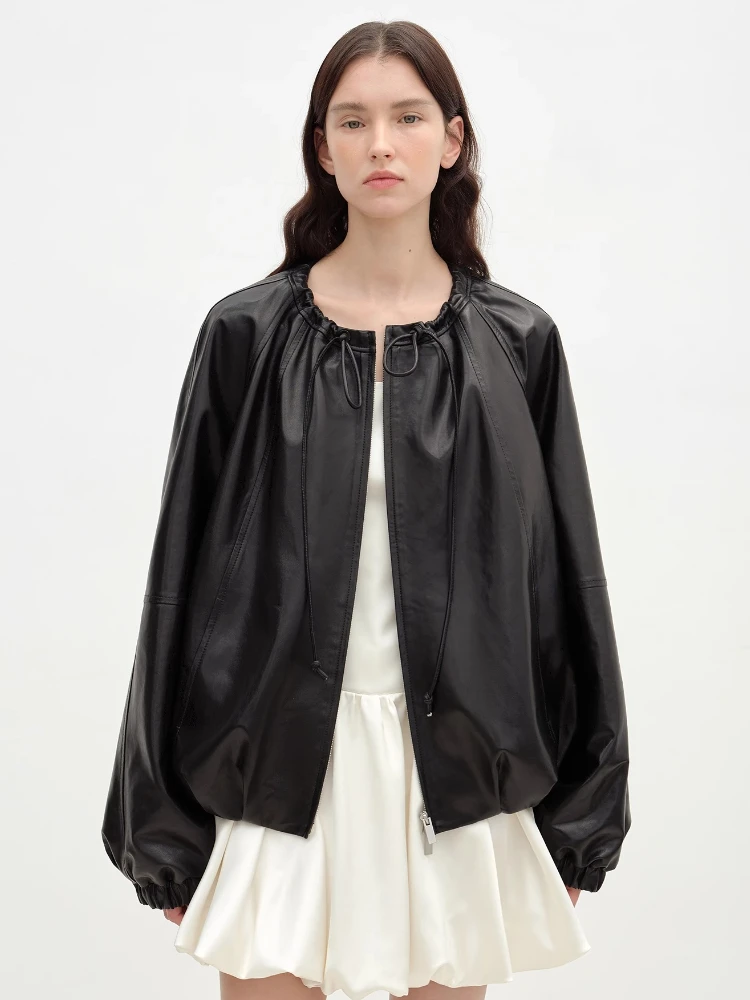 Drawstring O-neck Genuine Leather Jackets for Women Spring Autumn 2025 New High-end Solid Simple Soft Short Real Sheepskin Coat
