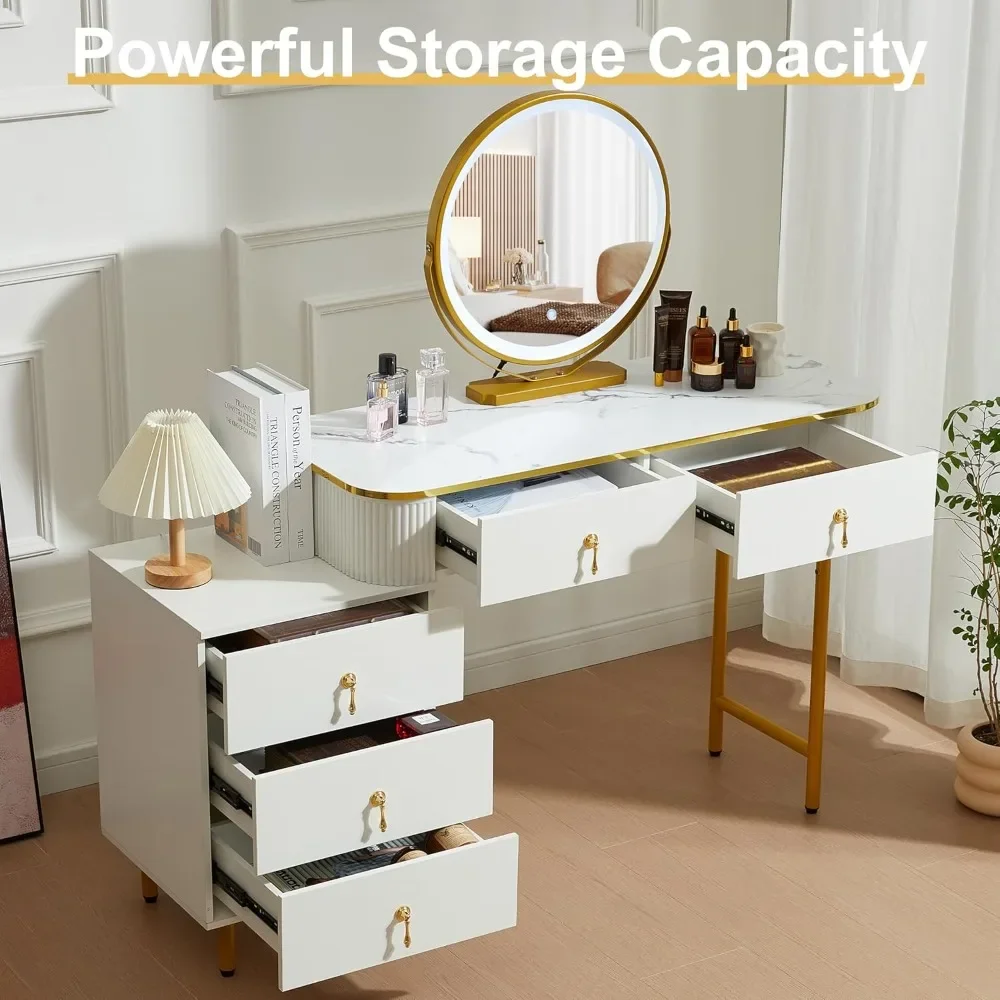 Dressing table with circular mirror and storage space, 5 drawers and 3 lighting modes, white