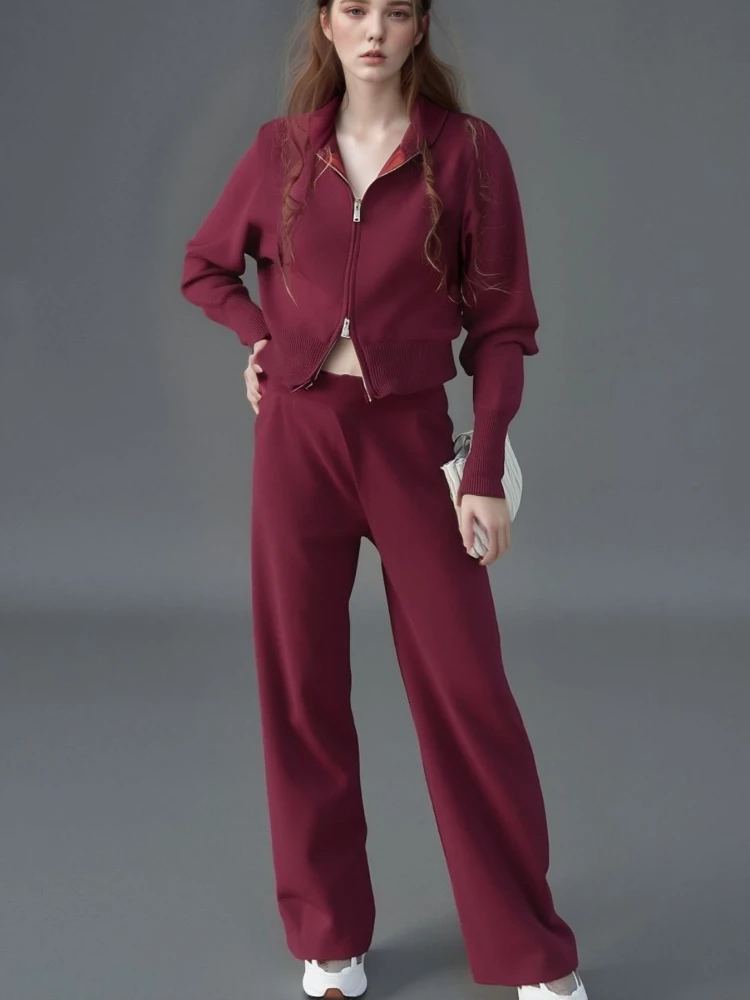 

2026 Fall New Fashion Long Sleeve Zipper Sweater Cardigan Long Pants Athletic Two Piece Casual Cardigan Set Women