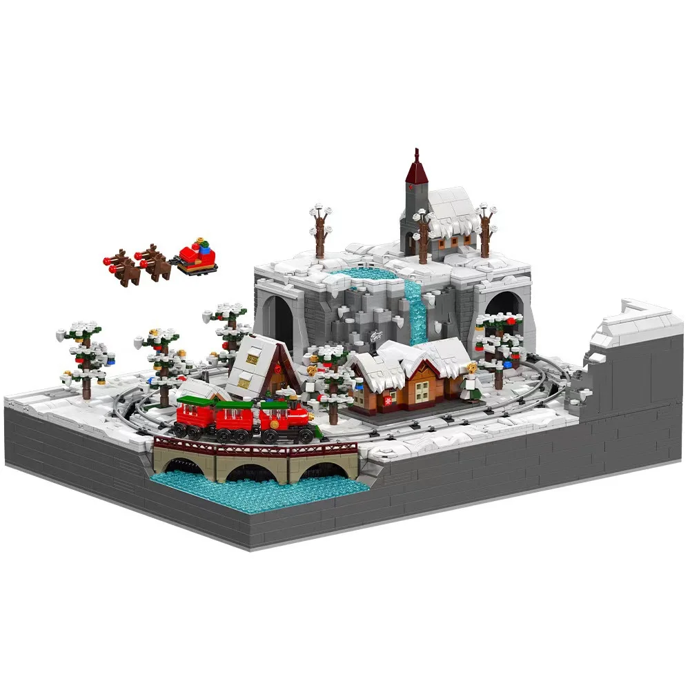 Moc trem de natal casa do país das maravilhas blocos de construção conjunto motor parque de diversões inverno boneco de neve árvore tijolos brinquedo crianças presentes natal