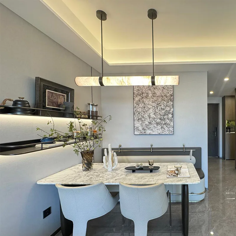 All-copper dining room pendant light, Italian minimalist modern marble dining table lighting