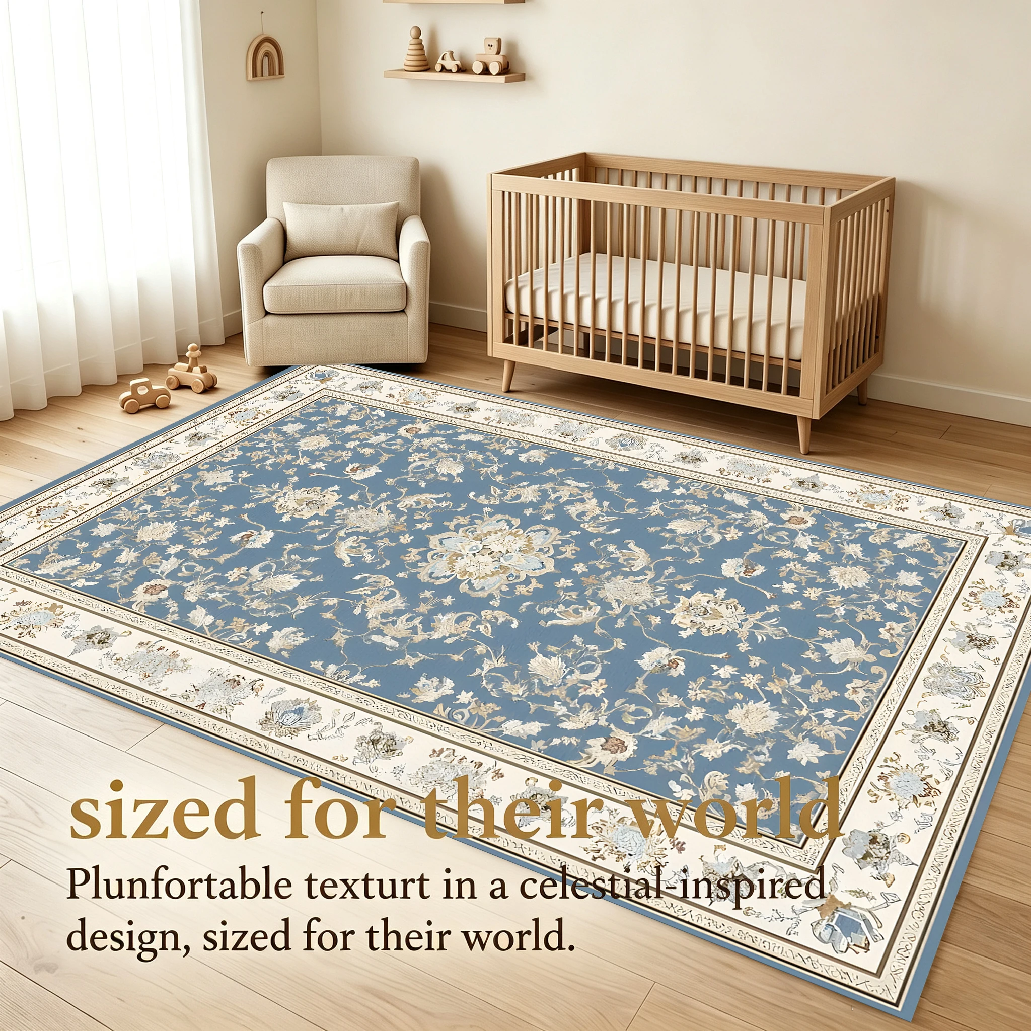 2D Carpet with Blue European Retro Floral Cluster Pattern in Light Luxury Retro Style for Living Room and Bedroom