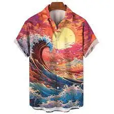 

Japan Mount Fuji Landscape Print Versatile Men'S Front Pocket Hawaiian Shirts Short Sleeve Button Down Beach Shirts