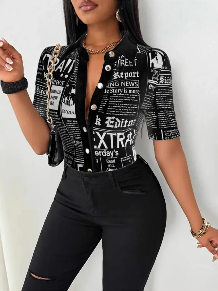 

Solid Color Shirt For Spring Summer Casual Short Sleeved Fashion Newspaper Print Single Breasted Sexy Slim Fit Women's Shirt