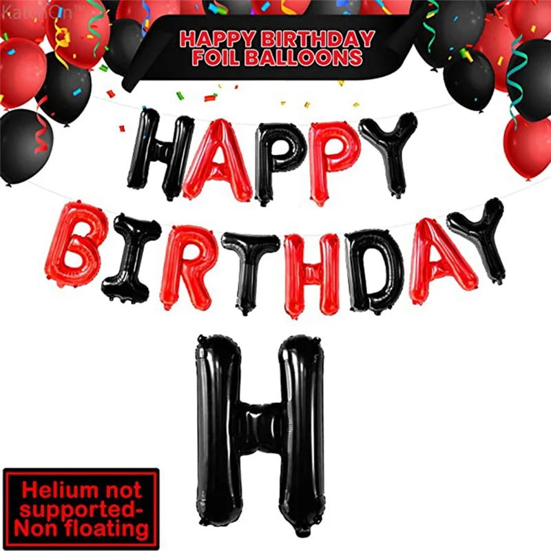 N37R_Black and Red Happy Birthday Banner Balloons - 16 Inch