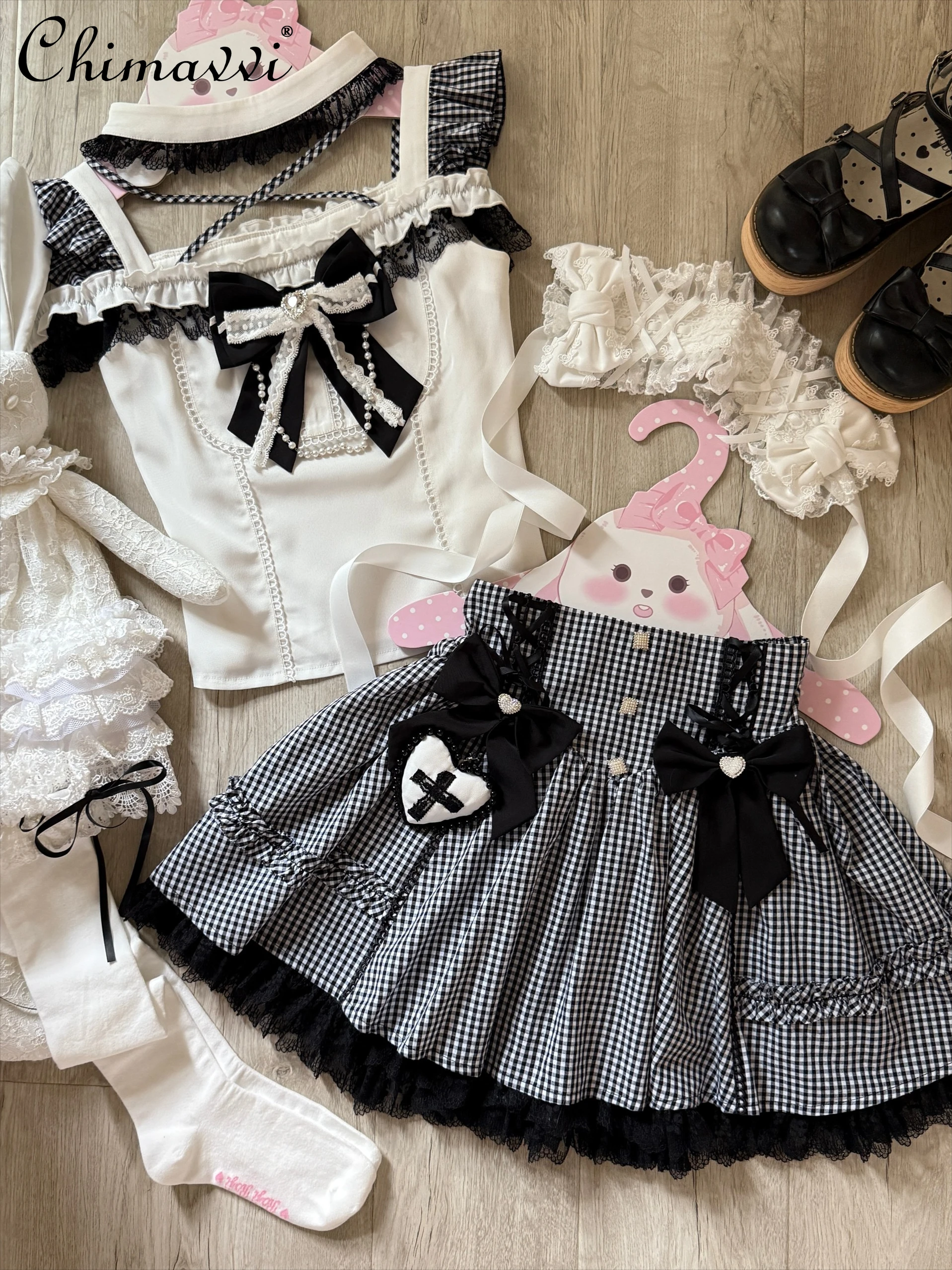 

Japanese Mass-Produced Lace Collar Cross Bow Decoration Short Sleeve Knitted Top High Waist Skirt Two-Piece Lolita Women's Set