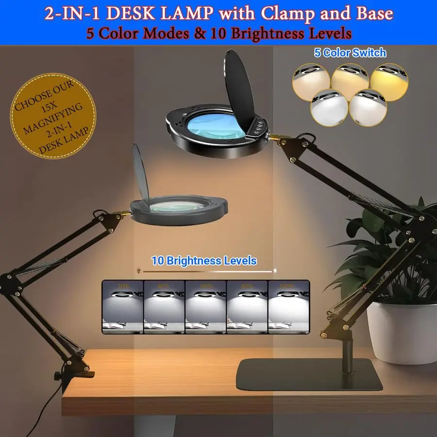 Magnifying Glass Desk Lamp with Clamp and Base, Real Glass Lens, 84 LEDs, 5 Color Modes Dimmable, Led Lamp Magnifier with Dust