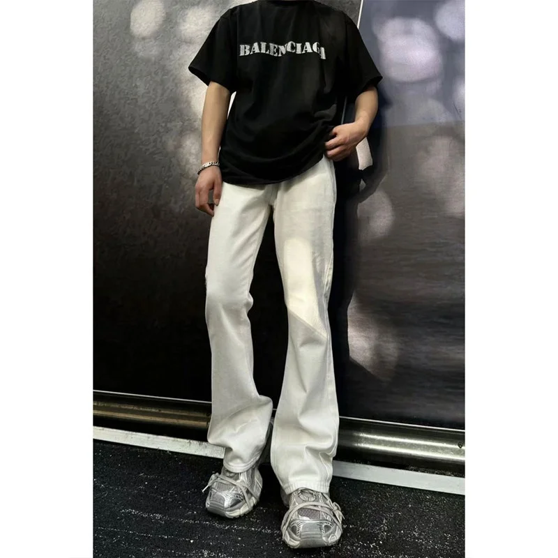 

White Cleanfit Men's Summer High Street American Vibe Micro Flare Jeans Casual Straight Leg Jeans mid Waist Long Pants